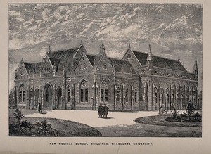 view New Medical School buildings, Melbourne University, Melbourne, Victoria. Wood engraving by A.O.