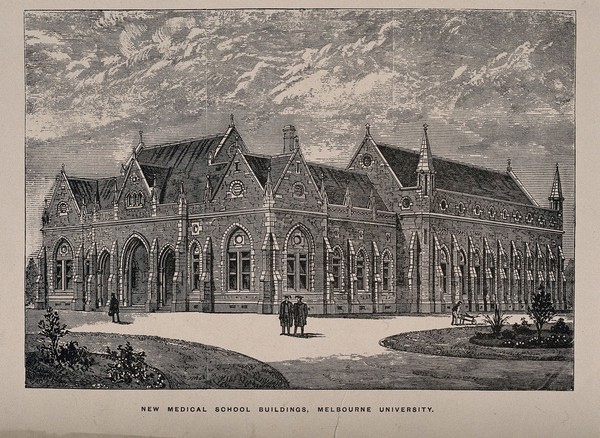 New Medical School buildings, Melbourne University, Melbourne, Victoria. Wood engraving by A.O.