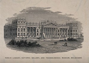 view Public Library, National Gallery, Technological Museum, Melbourne, Victoria. Wood engraving by S. Calvert, 1886.