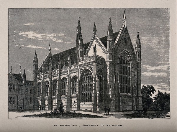 Wilson Hall, Melbourne University, Melbourne, Victoria. Wood engraving.