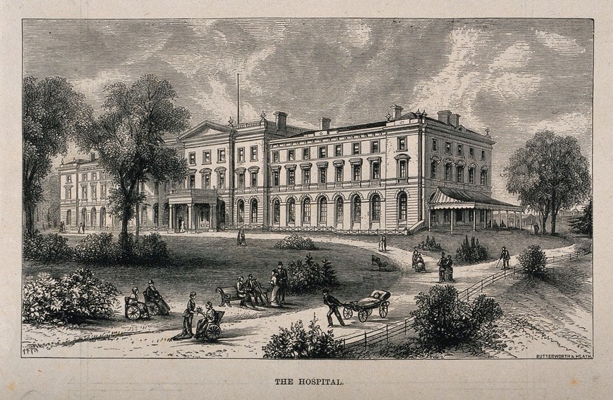 Melrose Hospital, Melrose, Roxburgh, Scotland. Wood engraving by Butterworth and Heath.