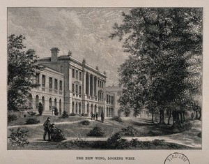 view Melrose Hospital, Melrose, Roxburgh, Scotland: the new wing looking west. Wood engraving by C. Butterworth.