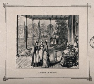 view Melrose Hospital, Melrose, Roxburgh, Scotland: a group of nurses. Wood engraving by Butterworth and Heath.