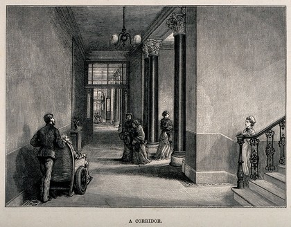 Melrose Hospital, Melrose, Roxburgh, Scotland: hospital corridor. Wood engraving by C. Butterworth.