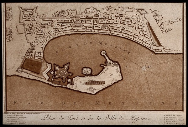Messina, Sicily, Italy: map of the port; with numbered key. Tinted aquatint after Villamaga, 1699.