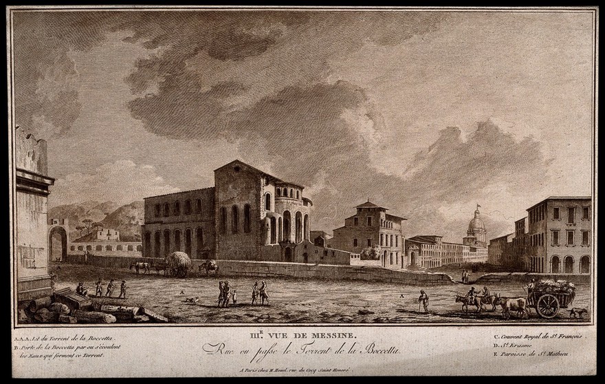 Messina Port, Messina, Sicily, Italy: with a numbered key. Tinted etching.