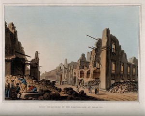 view Messina, Sicily, Italy: ruins after an earthquake. Coloured aquatint, 1812.