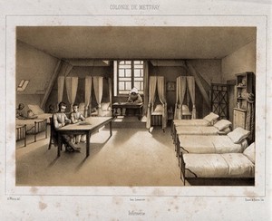 view Mettray penal colony, Mettray, France: the infirmary. Tinted lithograph by Sauvé & Faivre after A. Thierry.