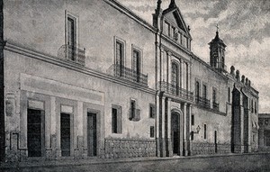 view Conservatory of Music, Mexico: part of Mexico City University. Reproduction of drawing by E. Gimeno.