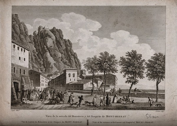 The monastery and hospice, Montserrat, Spain: lame and hungry pilgrims queuing for food. Line engraving by F.B. Lorieux, 1806, after Legier (or Ligier).