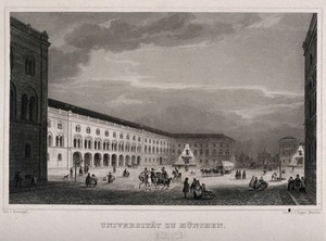 view Munich University, Munich, Germany: panoramic view. Line engraving by G. Seeberger.