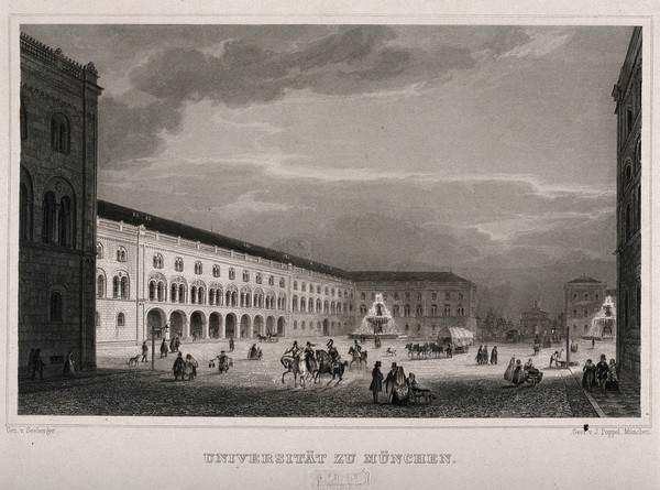 Munich University, Munich, Germany: panoramic view. Line engraving by G. Seeberger.