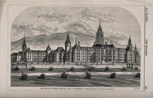 view Branch Insane Asylum, Napa, California. Wood engraving by F. Wyatt, 1873, after B. Sly.