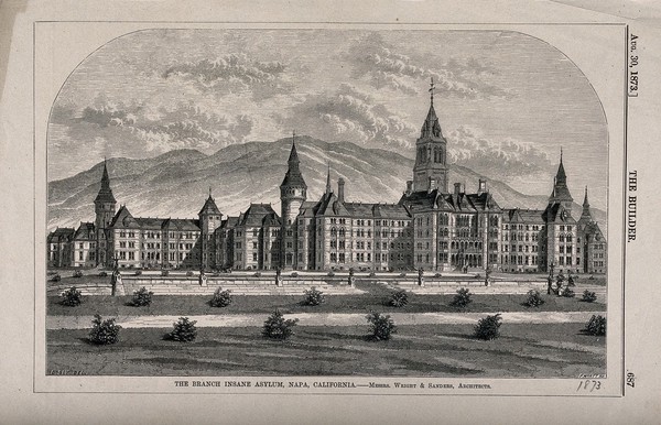 Branch Insane Asylum, Napa, California. Wood engraving by F. Wyatt, 1873, after B. Sly.