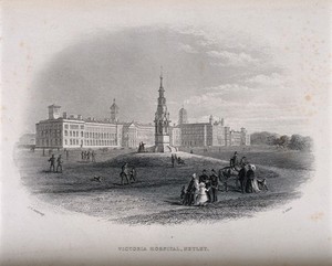 view Victoria Hospital, Netley, Hampshire. Line engraving by E. Albutt after J.C. Armytage.