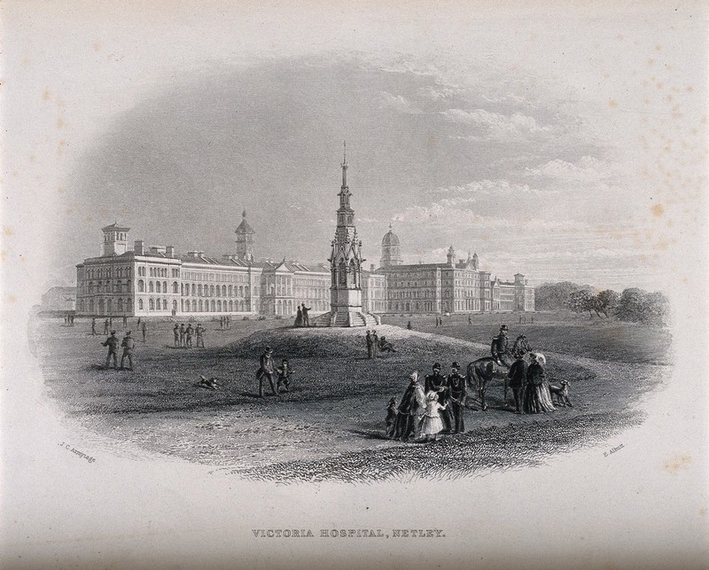 Victoria Hospital, Netley, Hampshire. Line engraving by E. Albutt after J.C. Armytage., by James Charles Armytage