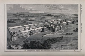 view Victoria Military Hospital, Netley, Hampshire. Wood engraving by W.E. Hodgkin, 1856, after B. Sly.