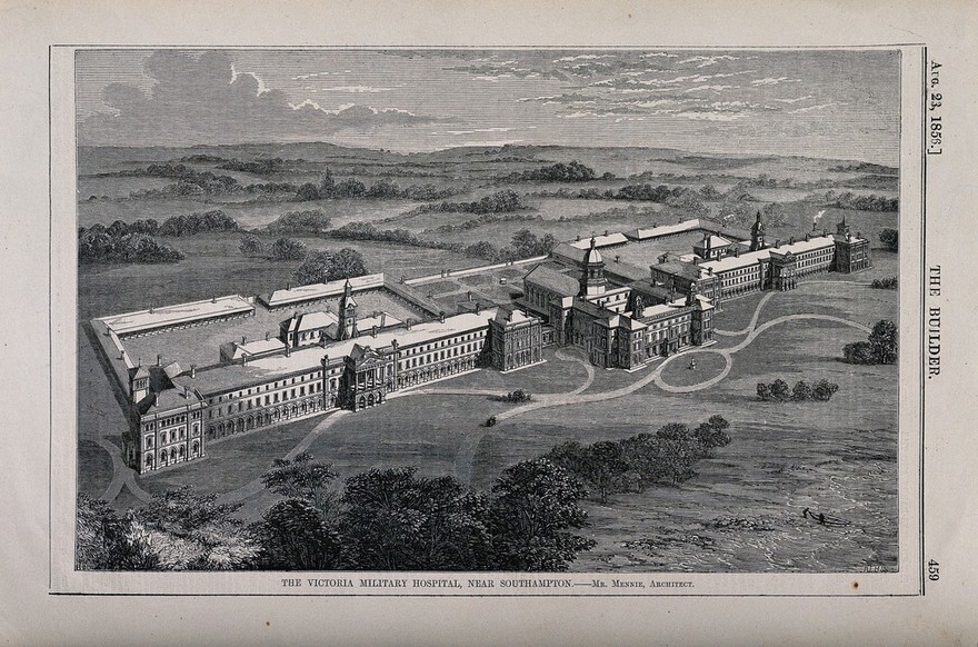 Victoria Military Hospital, Netley, Hampshire. Wood engraving by W.E. Hodgkin, 1856, after B. Sly.