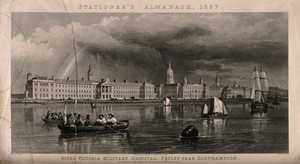 view Royal Victoria Military Hospital, Netley, Hampshire: from the harbour. Line engraving by T.A. Prior, 1857, after E. Duncan.