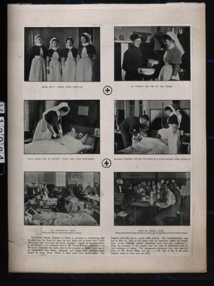 view Royal Victoria Hospital, Netley, Hampshire: six scenes of nurses, nurse and patient, patients, hospital wards, treatment and physicians. Process print.