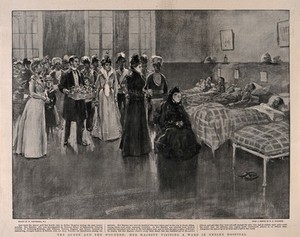 view Royal Victoria Military Hospital, Netley, Hampshire: Queen Victoria visiting the wounded. Process print after R.C. Dickinson after W. Hatherell.