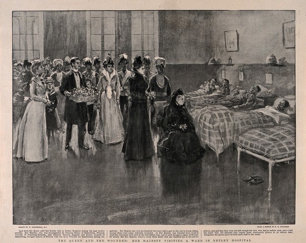 Royal Victoria Military Hospital, Netley, Hampshire: Queen Victoria visiting the wounded. Process print after R.C. Dickinson after W. Hatherell.