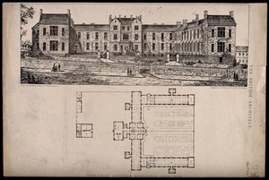 view Poor House Hospital, Newcastle-Upon-Tyne, Northumberland, England: with floor plan. Photolithograph by W. & A.K. Johnston, 1874.