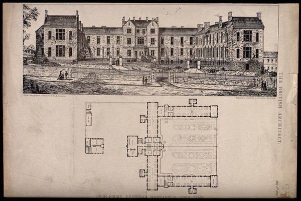 Poor House Hospital, Newcastle-Upon-Tyne, Northumberland, England: with floor plan. Photolithograph by W. & A.K. Johnston, 1874.