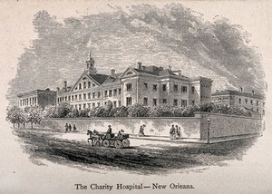 view Charity Hospital, New Orleans, Louisiana. Wood engraving.