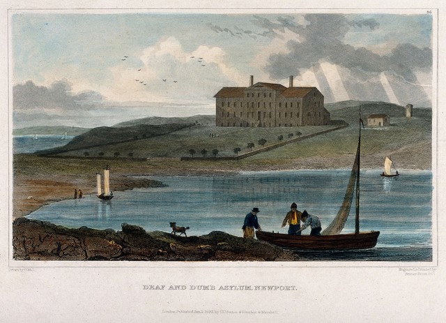 Deaf and Dumb Asylum, Newport, Kentucky: view from the river. Coloured line engraving by Fenner Sears & Co., 1832, after G. Wall.