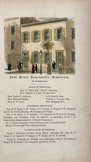 view Bond Street Homeopathic Dispensary, New York. Coloured wood engraving.
