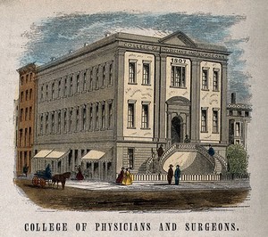 view College of Physicians and Surgeons, New York. Coloured wood engraving.