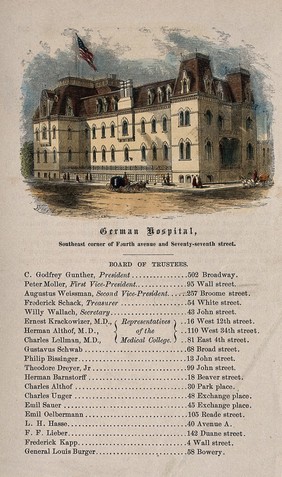 German Hospital, New York City. Coloured wood engraving by Sheer.