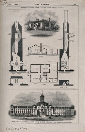 German Hospital, New York City; and floor plan for Park Cottage, East Sheen, Surrey. Wood engraving by W.E. Hodgkin, 1869, after C. Pfeiffer.