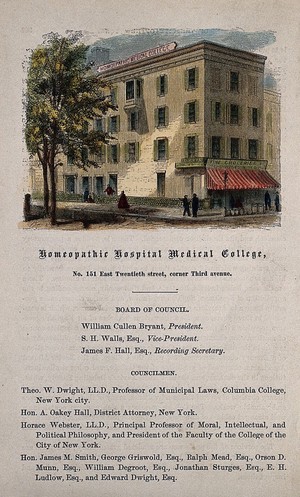 view Homeopathic Hospital Medical College, New York City. Coloured wood engraving.