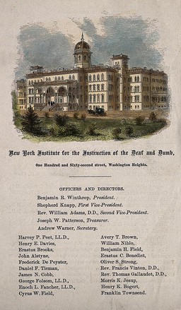 New York Institution for the Deaf and Dumb, New York City. Coloured wood engraving.
