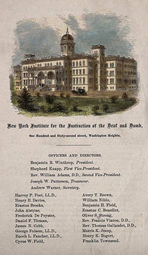 view New York Institution for the Deaf and Dumb, New York City. Coloured wood engraving.