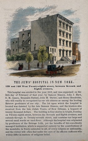 Jews' Hospital, New York City. Coloured wood engraving.