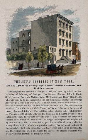 view Jews' Hospital, New York City. Coloured wood engraving.