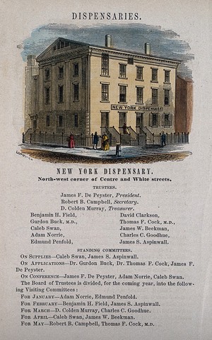 view New York dispensary, New York. Coloured wood engraving.