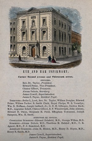 view Eye and Ear Infirmary, New York City. Coloured wood engraving.