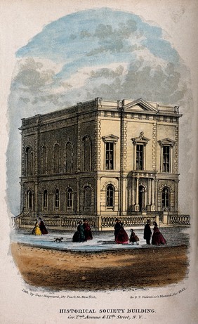 Historical Society Building, New York City. Coloured lithograph by G. Hayward, 1862.