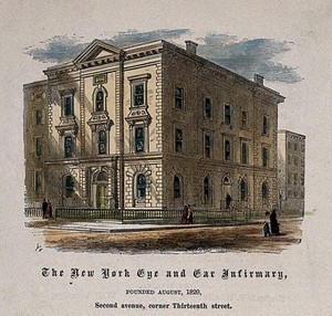 view Eye and Ear Infirmary, New York City. Coloured wood engraving.