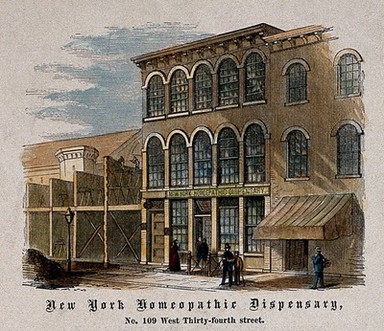 Homoepathic Dispensary, New York City. Coloured wood engraving.