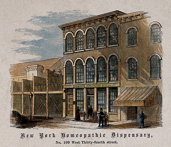 Homoepathic Dispensary, New York City. Coloured wood engraving.