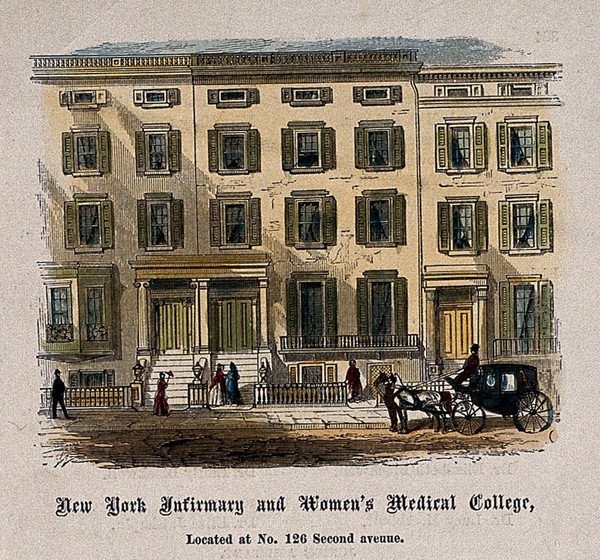 New York Infirmary and Women's Medical College, New York City. Coloured wood engraving.