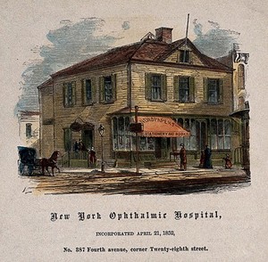 view Ophthalmic Hospital, New York City. Coloured wood engraving.