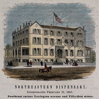 Northeastern Dispensary, New York City. Coloured wood engraving.