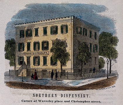 Northern Dispensary, New York City. Coloured wood engraving by N. Orr & Co.