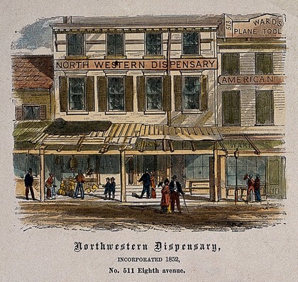 Northwestern Dispensary, New York City. Coloured wood engraving.